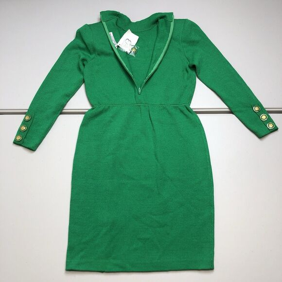 ST. JOHN Kelly Green Knit Wool Sheath Dress Size 4 Gold Buttons Vintage - Picture 8 of 11
